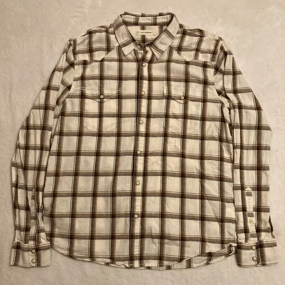 Lucky Brand Men's Brown and Cream Plaid Button Up Flannel Shirt Size Large